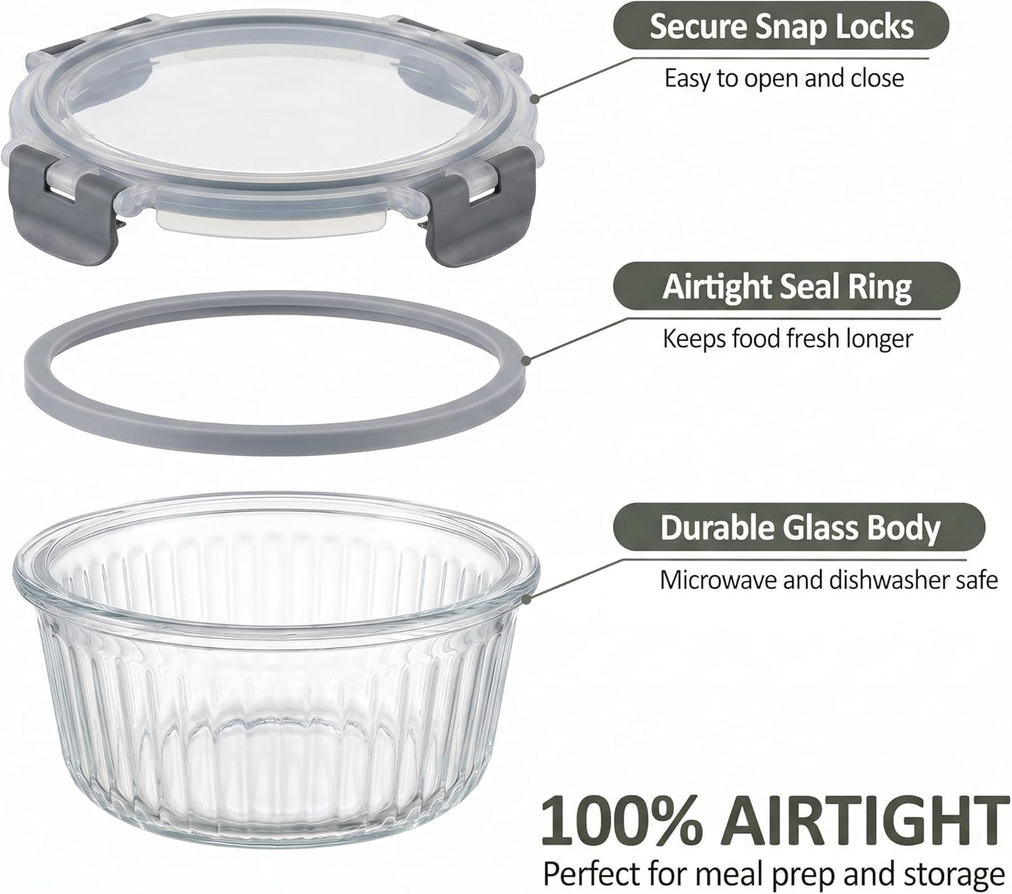 Glass Food Storage Containers with Lids, 12 Piece Glass Meal Prep Containers Set, Airtight Leakproof Snap Lock Lids, BPA-Free, Freezer Microwave Oven Dishwasher Safe, Ribbed Glass Containers