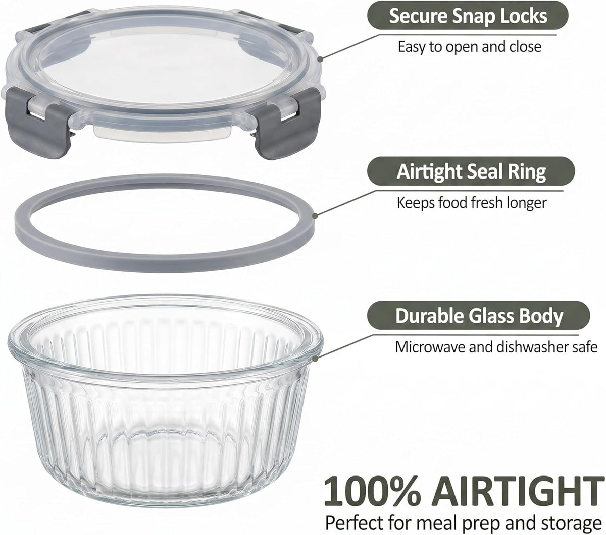 Glass Food Storage Containers with Lids, 12 Piece Glass Meal Prep Containers Set, Airtight Leakproof Snap Lock Lids, BPA-Free, Freezer Microwave Oven Dishwasher Safe, Ribbed Glass Containers