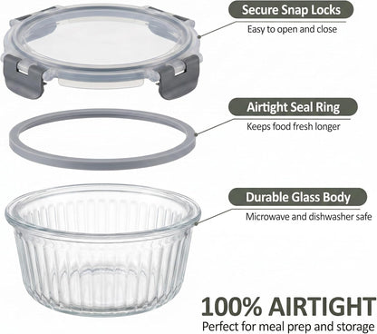 Glass Food Storage Containers with Lids, 12 Piece Glass Meal Prep Containers Set, Airtight Leakproof Snap Lock Lids, BPA-Free, Freezer Microwave Oven Dishwasher Safe, Ribbed Glass Containers