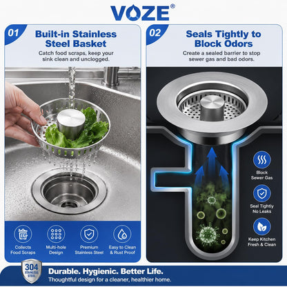 Kitchen Sink Drain Strainer & Stopper with Basket, Stainless Steel Drain Plug Cover Catcher for Food Waste - Sink Accessories for Home or Kitchen Sink Shroom Fit US Standard 3-1/2'' Drain Hole