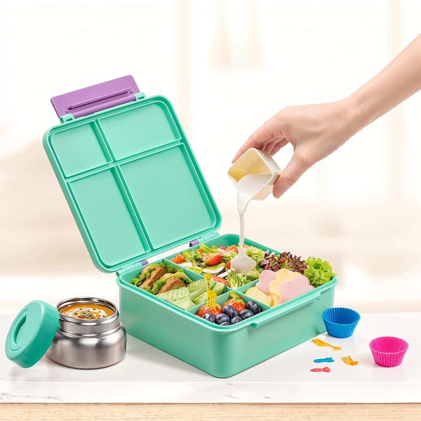 JSLOVE Bento Lunch Box with Leak Proof Thermos Food Jar for Kids, Food Lunch Containers for Boys with 4 Compartments, BPA-Free with Utensils, Food Picks, Sauce Jar & Silicone Lunch Box Dividers