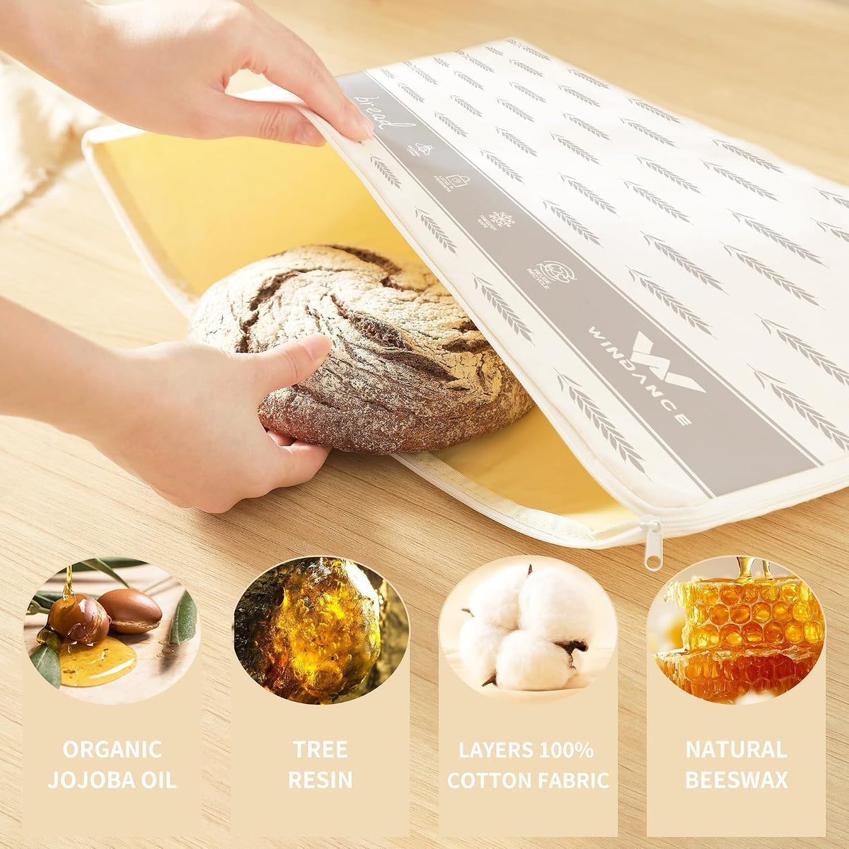 Wide Zipper Access Cotton &Beeswax Bags for Homemade Bread 2 Pack XL Reusable Beeswax Bread Bags for Homemade Bread Freezer Organic Cotton Food Storage Bags to Keep Fresh