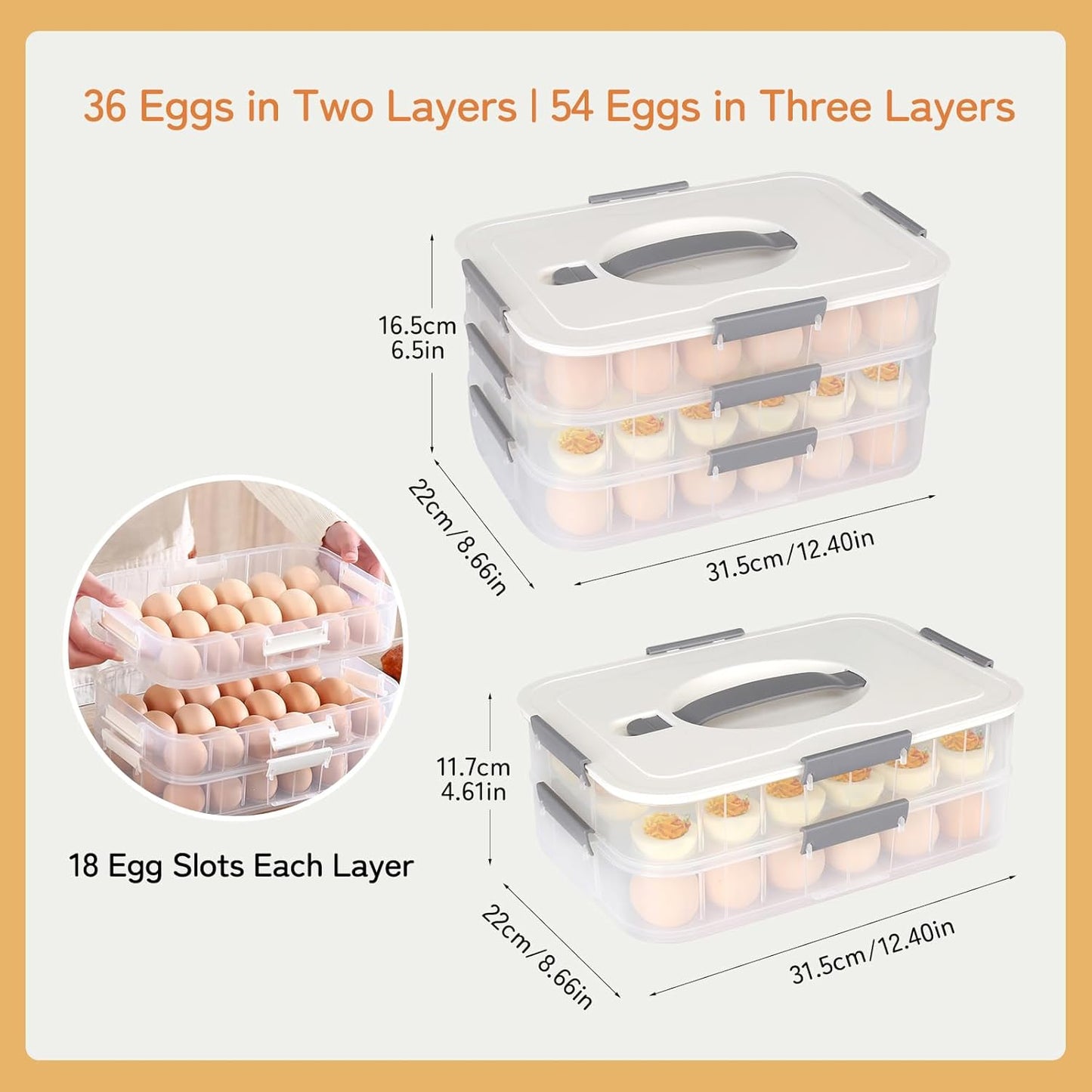 Deviled Egg Container with Lid, 54 Slots Egg Tray Carrier with Handle, Stackable Egg Tray, 12.2 x 8.4 x 6.3 inches (Green, 3 Layer)