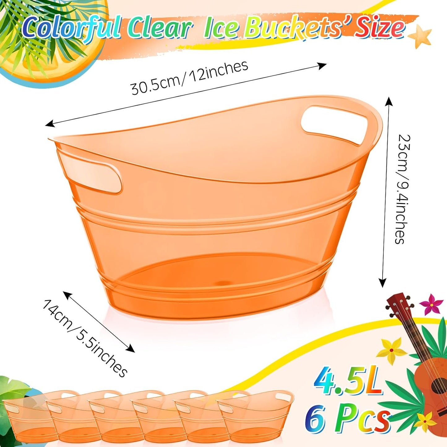 meekoo 6 Pcs Plastic Ice Buckets Bulk with Handles 4.5L Oval Storage Tub Large Capacity Ice Drink Bucket for Party Bar Wine Beer Champagne Beverage Bottle Cooler (4.5 L,Orange)