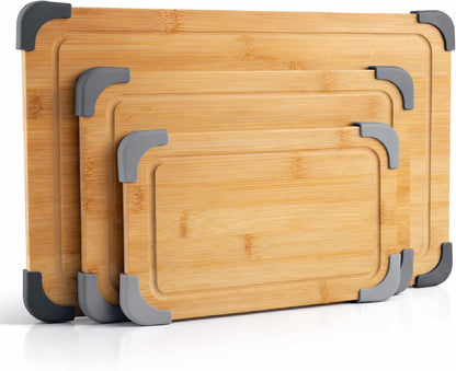 COOK WITH COLOR Non-Slip Cutting Board Set – Kitchen Essentials with Easy Grip Handle for Meat, Veggies, and Fruits, 3 Cutting Boards, Bamboo Non-Slip Grey