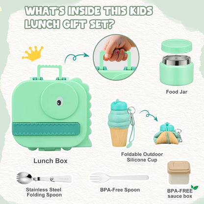 Aimsnk Magical Dinosaur Kids Lunch Box Set -12oz Insulated Food Jar, Leakproof Lunch Food Containers Cutlery, Leak-Proof Sauce Cup & Spoon, Gradient Green+Jar Green