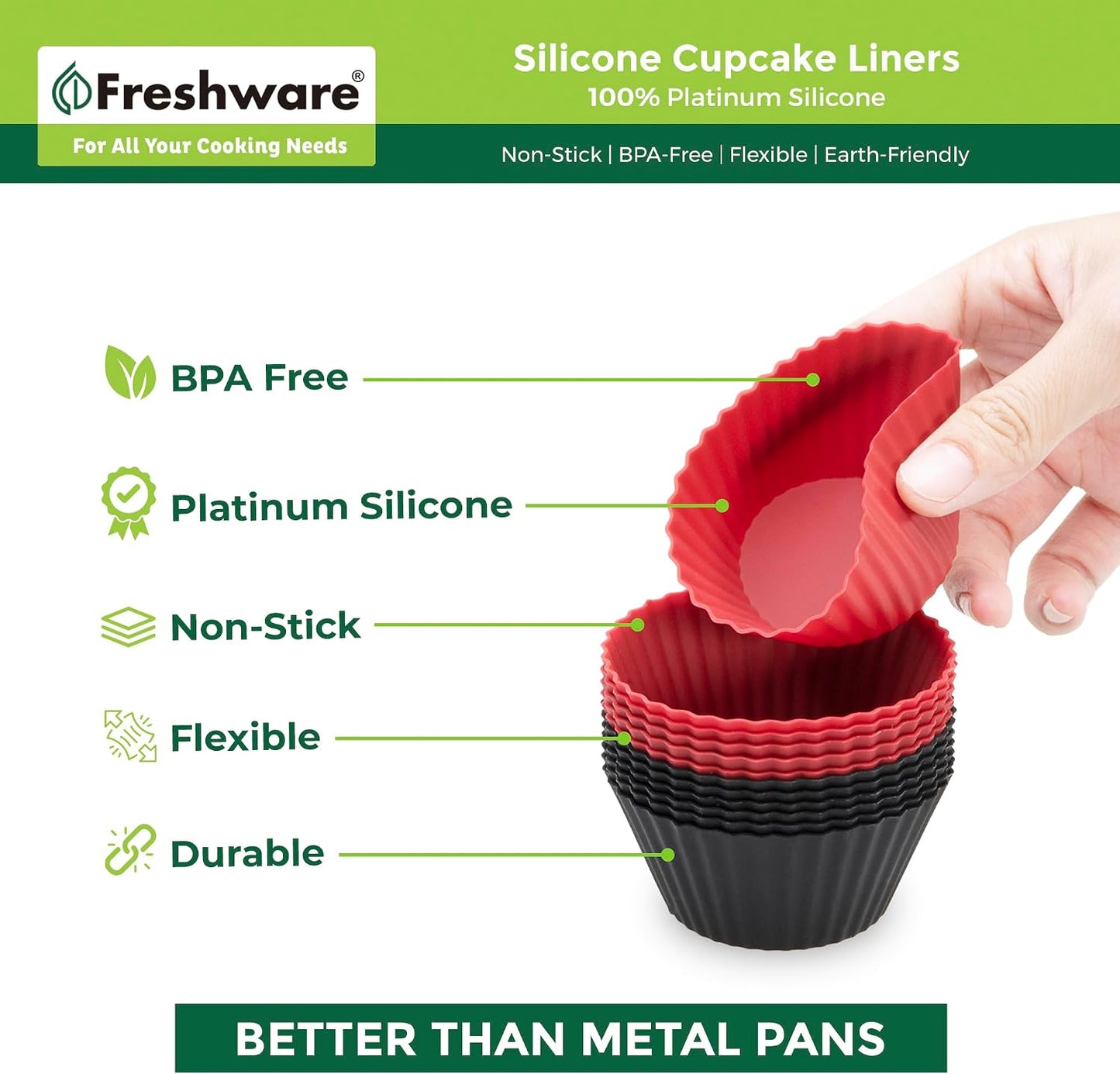 Freshware Cupcake Liners, Pack of 12 Silicone Muffin Cups, Baking Cups, Reusable & Non-stick Cupcake Liners for Party Halloween Christmas, Round