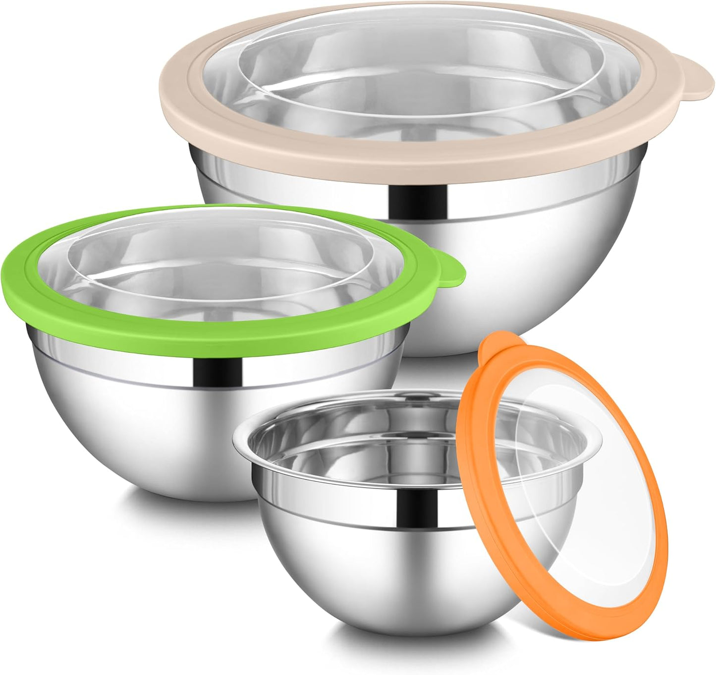 LIANYU Mixing Bowls with Airtight Lids Sets, 3 Packs Stainless Steel Metal Mixing Bowls, Ideal for Prepping, Cooking, Storage, Serving, Freezer & Dishwasher Safe, Khaki