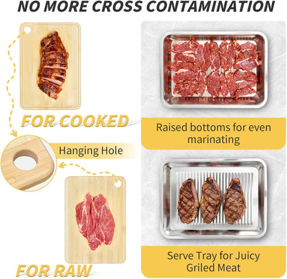 Grilling Prep and Serve Trays, Stainless Steel Large Capacity Food Prep Tray, Grill Carry System, Marinade Container with Lid and Cutting Board, BBQ Grill Accessories, Grilling Gifts for Men