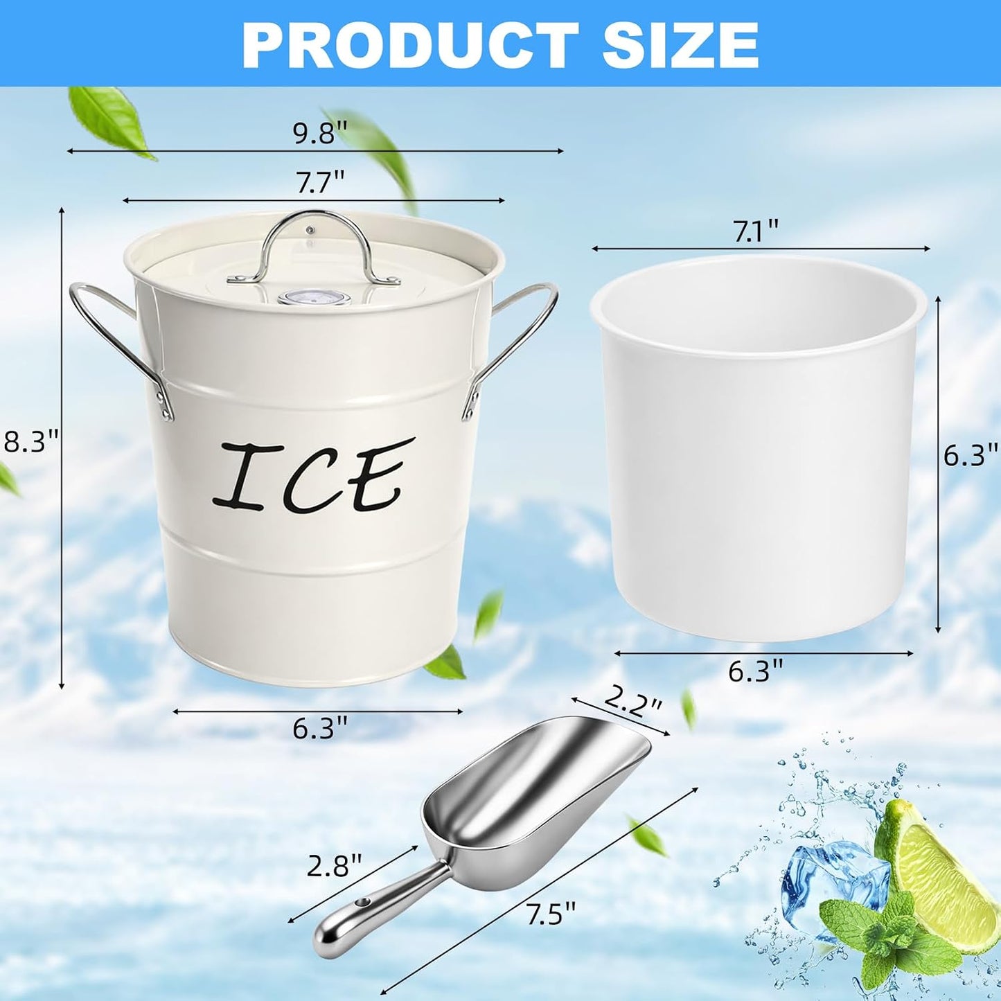 4L Ice Bucket, Double Wall Metal Wine Chiller Bucket, including Thermometer, Lid, Scoop and Plastic Liner, Large Beverage Tub Ice Holder for Wine, Champagne, Cocktail Party Bar