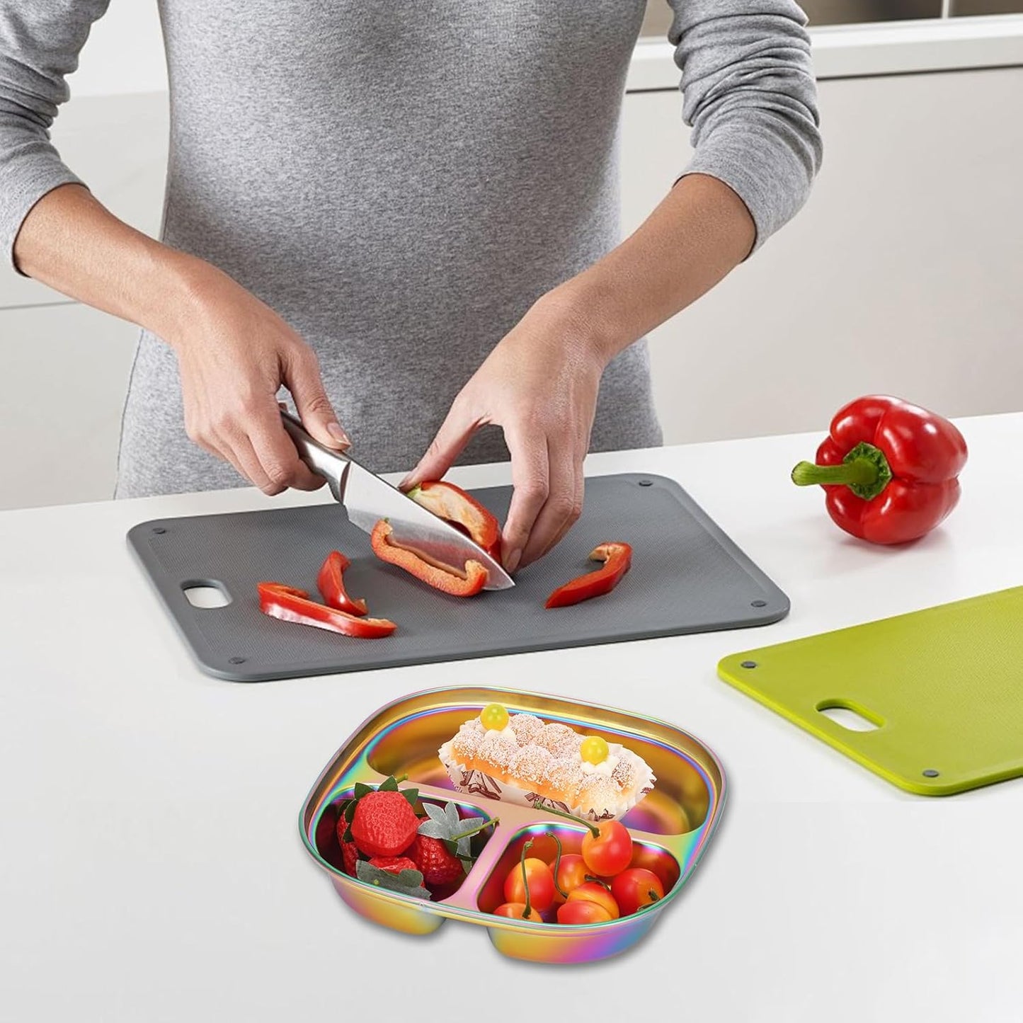 4-Pack Stainless Steel Divided Plates with Lids –Portion Control Meal Trays for Balanced Meals – BPA-Free, Shatterproof, Dishwasher Safe – Ideal for Home, Travel, School (Colorful-3-Section)