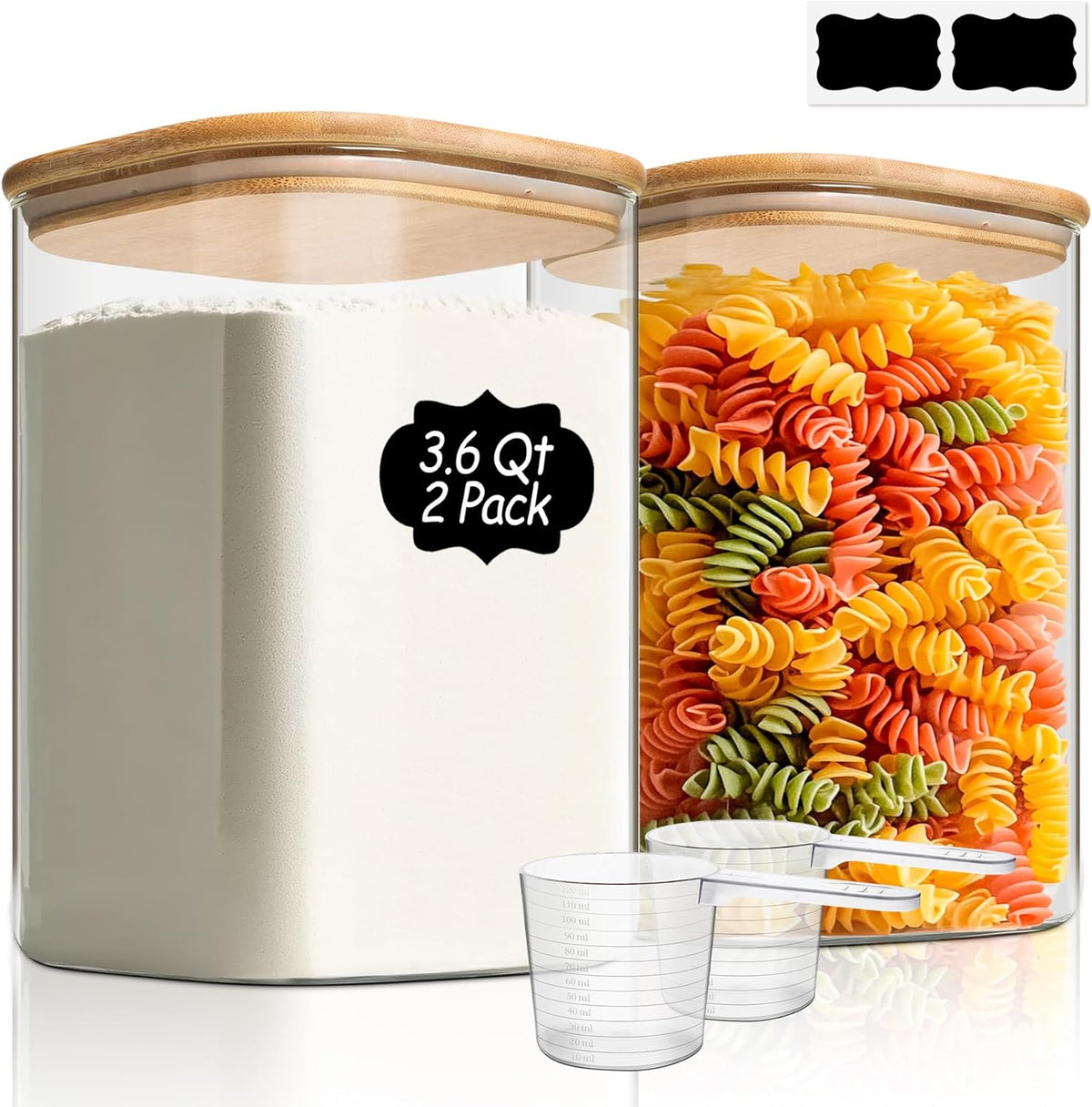 ComSaf Glass Storage Jars with Bamboo Lids 4.6 Qt 2 Pack Large Wide Mouth | Pantry organization, Flour Sugar Coffee Beans, Pasta Cereal Dry Food, 1.2 Gallon, Cabinet Organization, Dry Food Storage