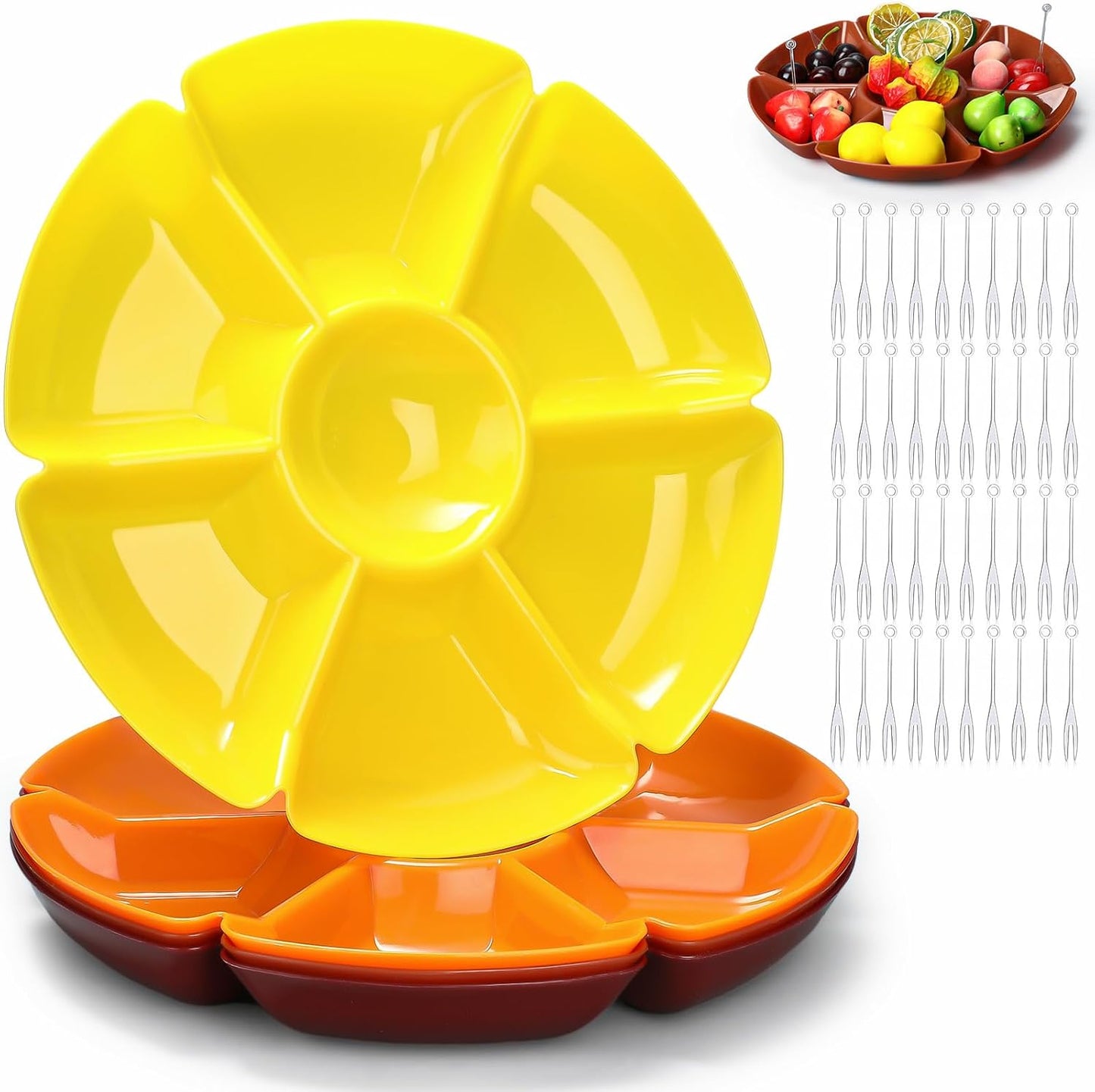 Zhehao 4 Pcs Sectional Heavyweight Plastic Divided Plates Serving Trays with 40 Disposable Forks 10.6" 7 Section Round Chip Dip Plate Snack Food Platter for Nut Candy Veggie Fruit (Blue)