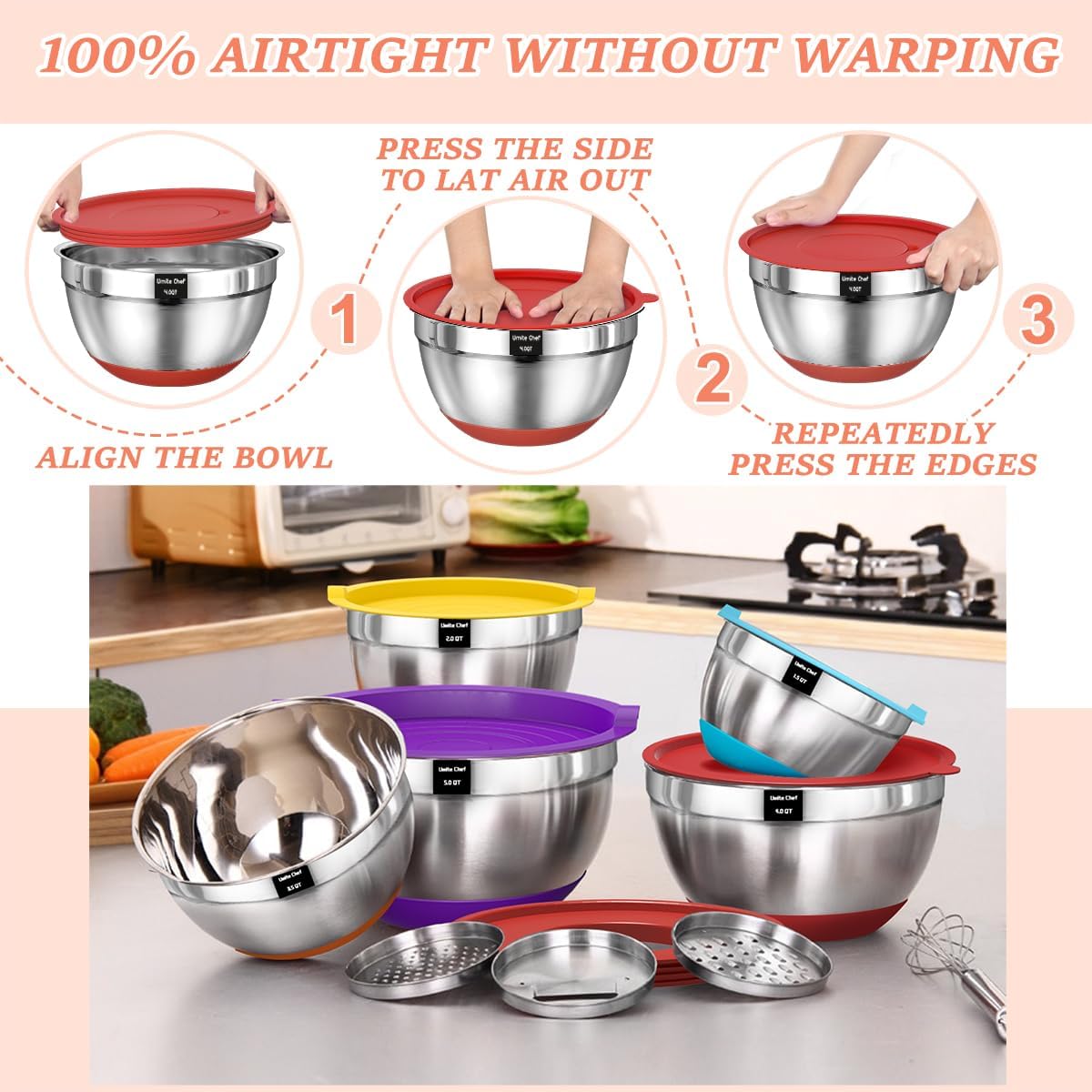 Umite Chef Mixing Bowls with Airtight Lids Set, 8PCS Stainless Steel Nesting Bowls with Grater Attachments, Non-Slip Bottoms, 5, 4, 3.5, 2, 1.5QT for Mixing & Serving