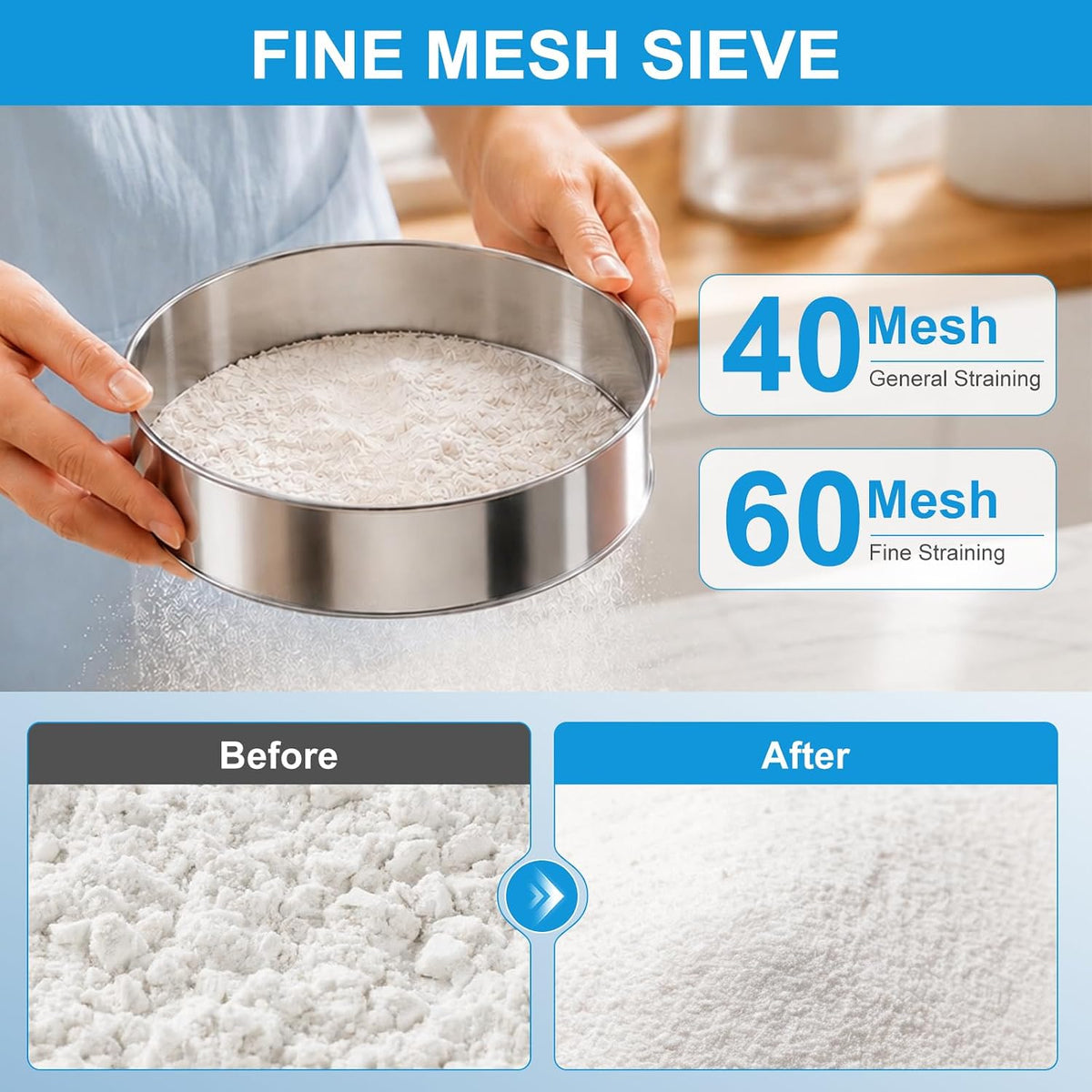 3 Pcs flour sifter for baking (8" 40 and 60 Mesh, 6" 40 Mesh)