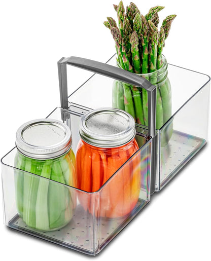 madesmart Fridge Portable Tote, Condiment Caddy with 2 Compartments, Pop-Up Handle & Non-Slip Base, Refrigerator Organizer for Sauces, Jars & Small Items, Clear