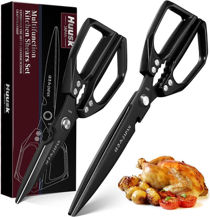 HUUSK Kitchen Scissors Set Silver - Upgraded Stainless Steel Kitchen Shear, Sharp Meat Scissors Dishwasher Safe, Heavy Duty Poultry Shears, Japanese Cooking Scissor for Food, Christmas Gifts for Women