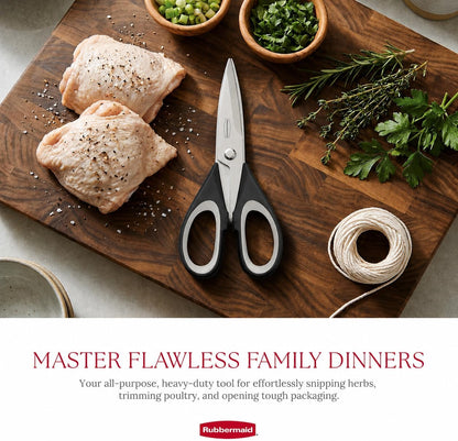 Rubbermaid Kitchen Scissors All Purpose Heavy Duty, Stainless Steel Kitchen Shears with Protective Sheath, Dishwasher Safe Kitchen Scissors for Food, Meat, Poultry & Herbs, Comfort Grip, Black