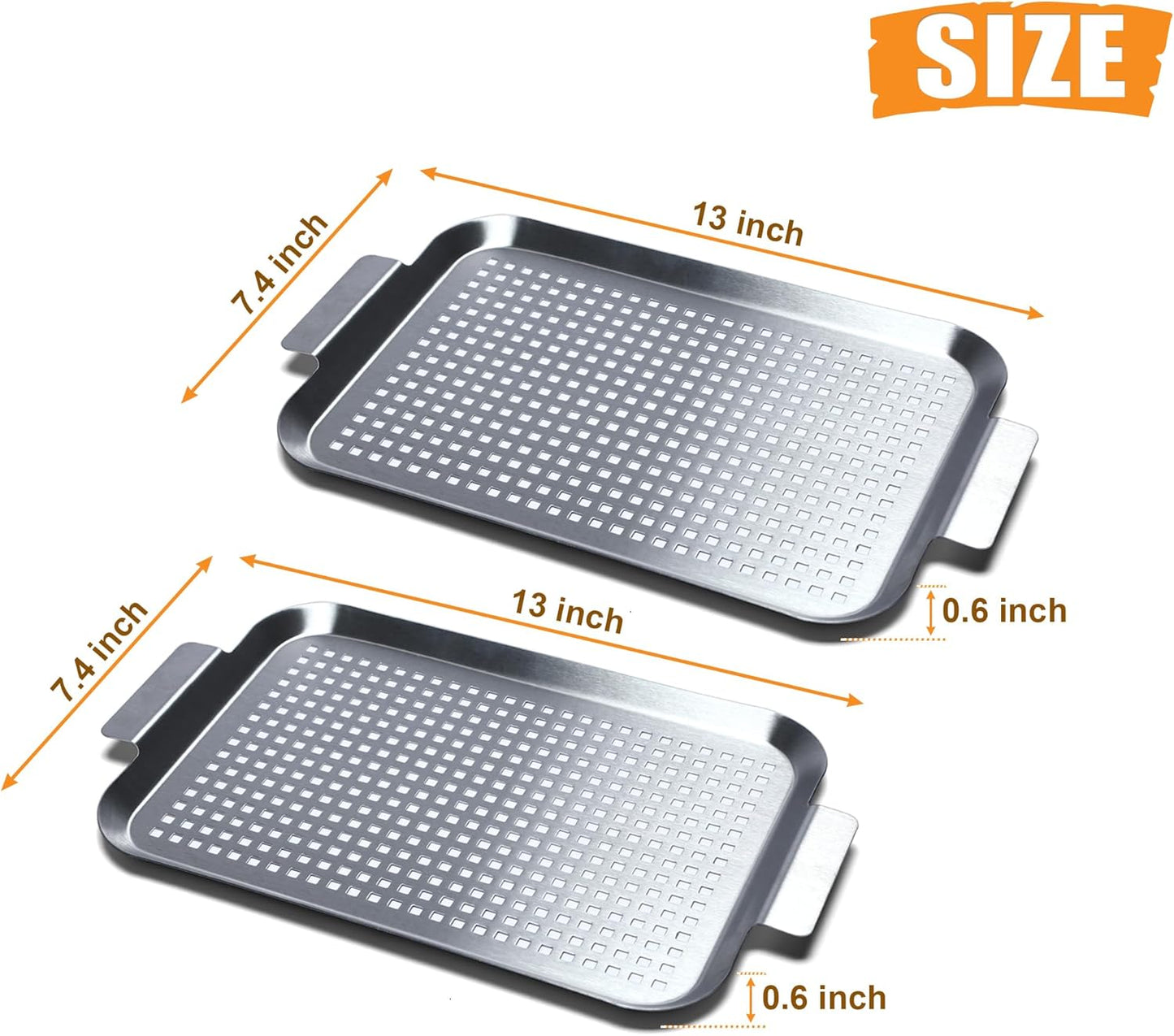 Grill Pan Set of 2, BBQ Grill Topper for Outdoor Grill, Stainless Steel Grilling Baskets with Holes and Handles, Perforated Food Tray Barbecue Accessories for Vegetable, Fish, Meat, Seafood