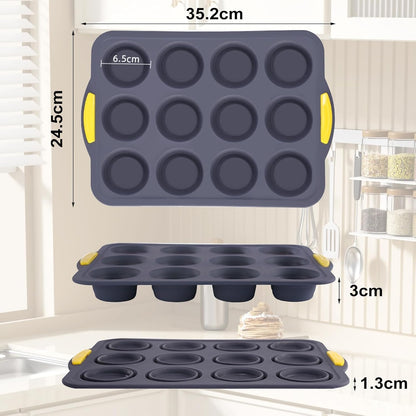 Silicone Muffin Pan, Cupcake Pan, Set of 2, 12-Cup Muffin Pans, Non-Stick Bakeware, Silicone Muffin Pan for Baking, Easy to Release and Clean, Molds for Homemade Cupcakes & Muffins (Blue)