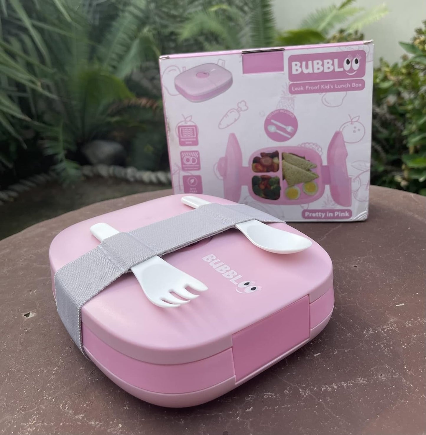BUBBLOO Bento Box for Kids with Silverware - 3 Compartment Ideal Portion Sizes - BPA Free Removable Plastic Tray - Leak Proof Kids Lunch Box, Pink