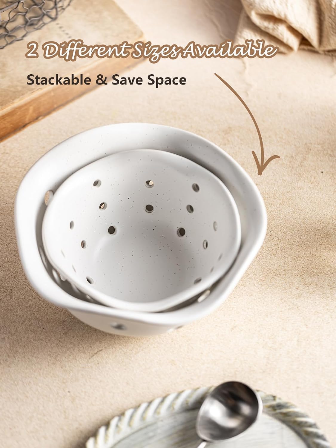 Gomakren Berry Bowls with Holes Ceramic, Berry Washing Bowl Basket Set of 2, 5.8 Inch Round Fruit Bowl Storage Containers, Strawberry Baskets, Farmhouse Kitchen Decor, Yellow + Brown