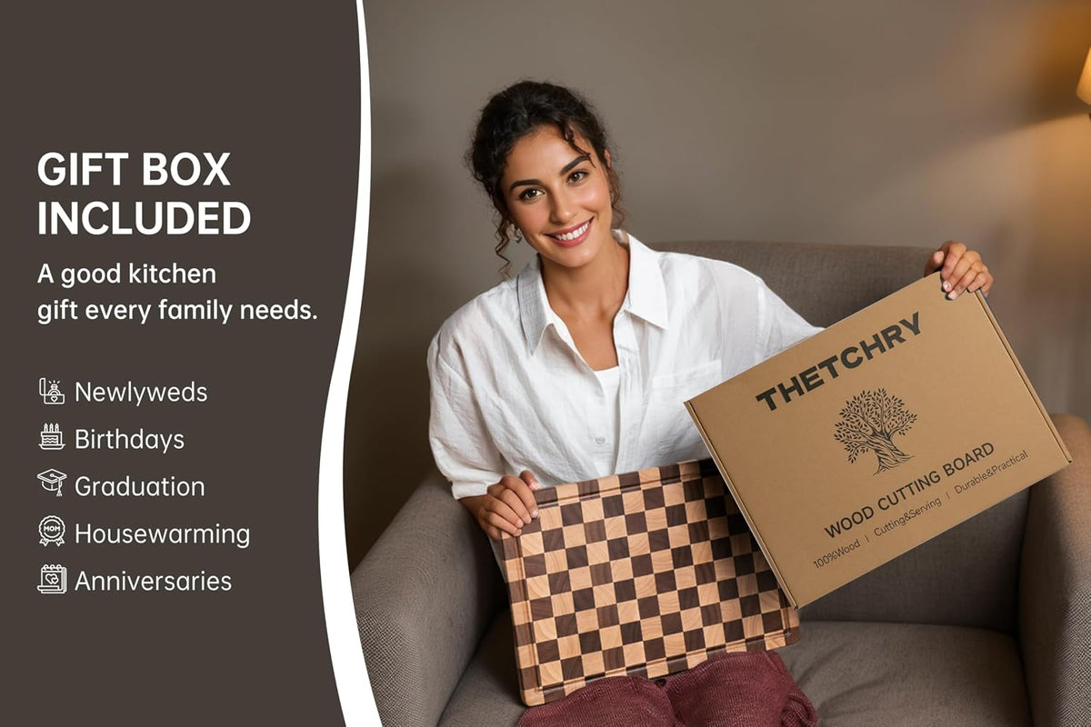 THETCHRY Cutting Boards for Kitchen, Checkered Walnut Wooden Cutting Board