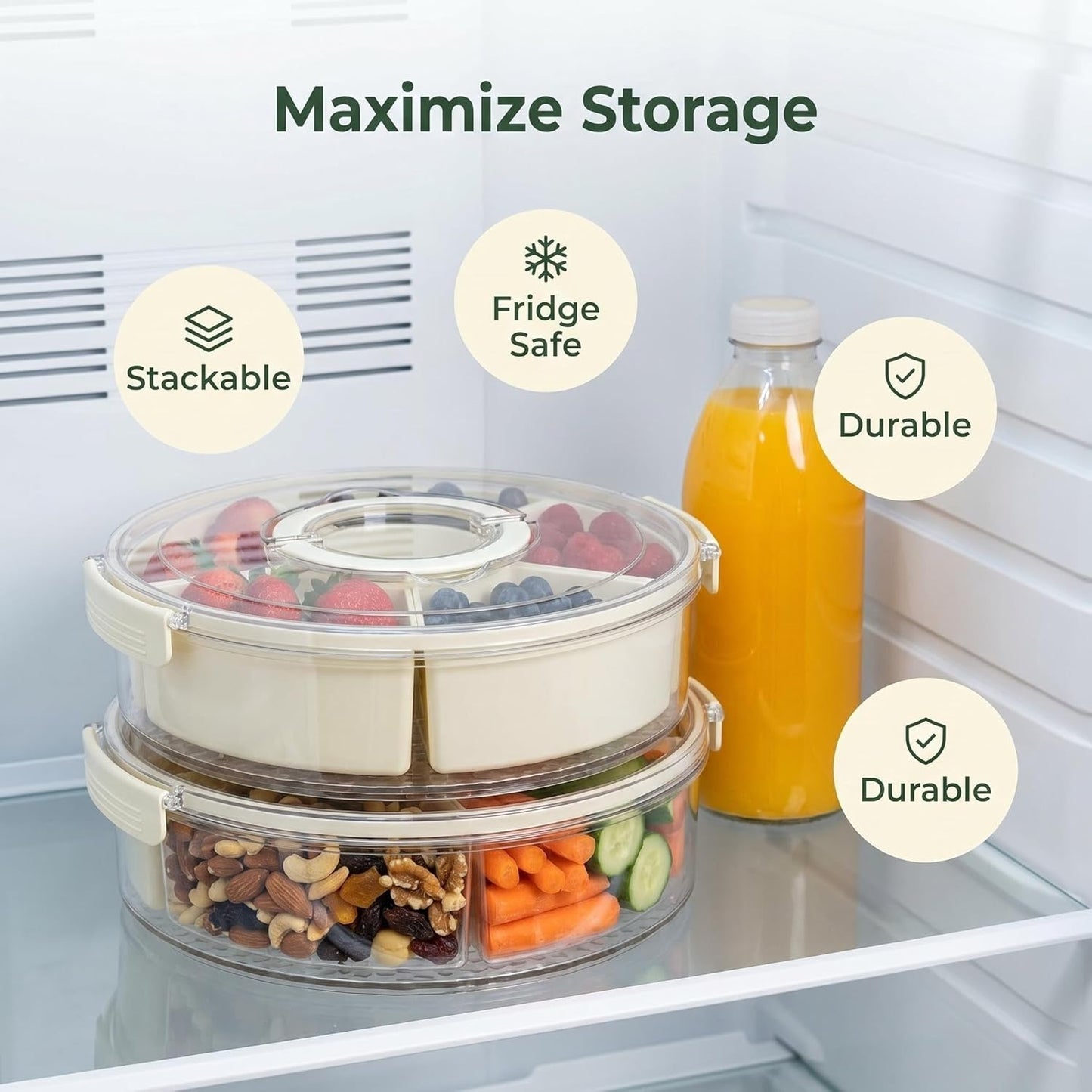 Rotating Divided Serving Tray with Lid and Handle, 6 Compartment Snackle Box Container, Airtight Portable Veggie Fruit Tray for Party Picnic Kitchen Camping