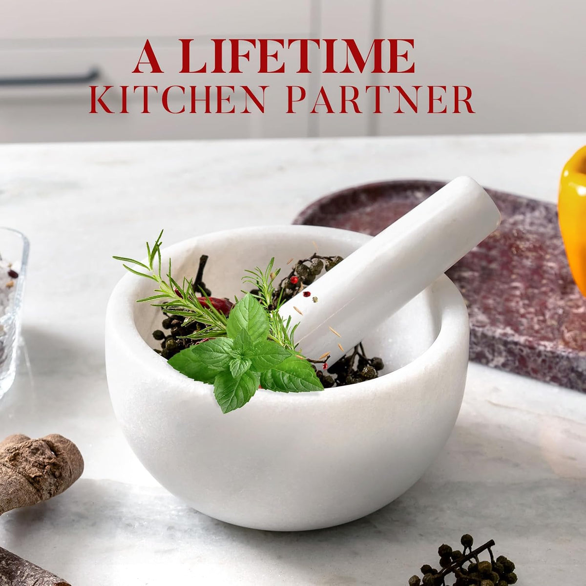 Koville Luxury Marble Mortar and Pestle Set, 7"-4cups Grinder Bowl for Guacamole, Salsa, Pill Crusher, Spice, Herb, Garlic, Nut, Heavy Duty Grinder for Kitchen