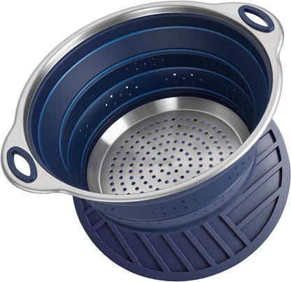 Collapsible Colander Set with Silicone Mat,2-in-1 Stainless Steel Colander for Kitchen, Foldable Metal Colander, Space-Saving for Pasta Veggies Fruit(NAVY BLUE)
