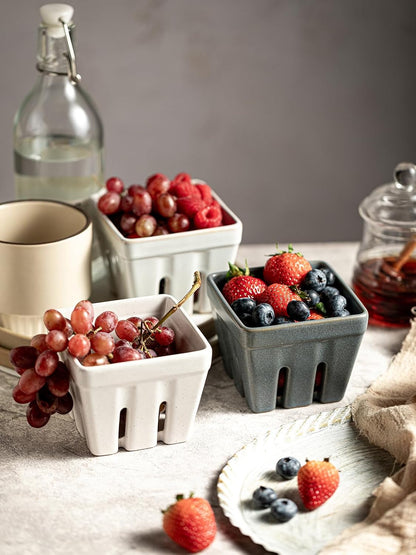 Gomakren Berry Bowls with Holes Ceramic, Berry Washing Bowl Basket Set of 2, 5.8 Inch Round Fruit Bowl Storage Containers, Strawberry Baskets, Farmhouse Kitchen Decor, Yellow + Brown