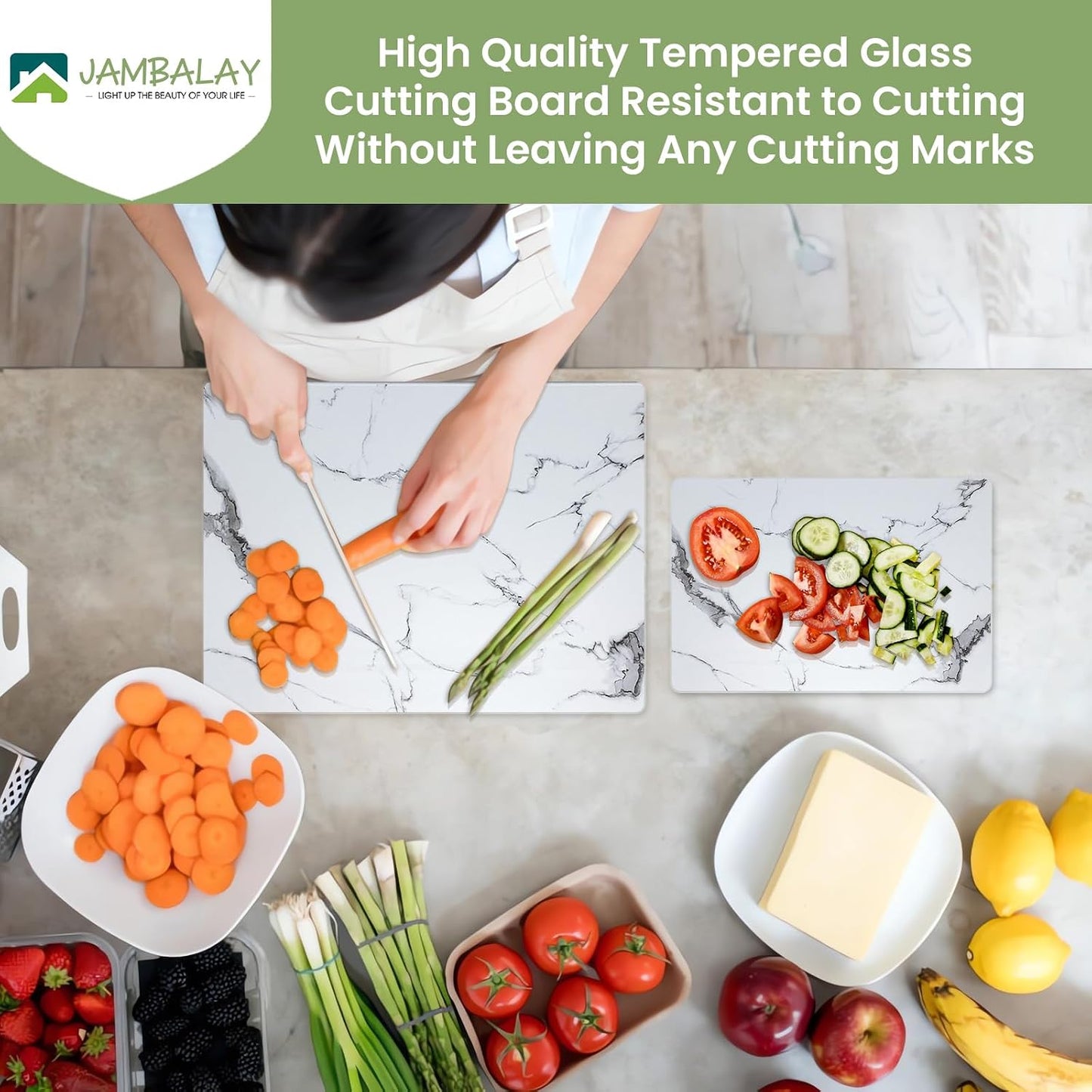 JAMBALAY Tempered Glass Cutting Boards for Kitchen, Gold 12"x8" & 16"x12" Glass Cutting Board Set with Marble Design, With Non Slip Foot, Shatter and Heat Resistant, Dishwasher Safe