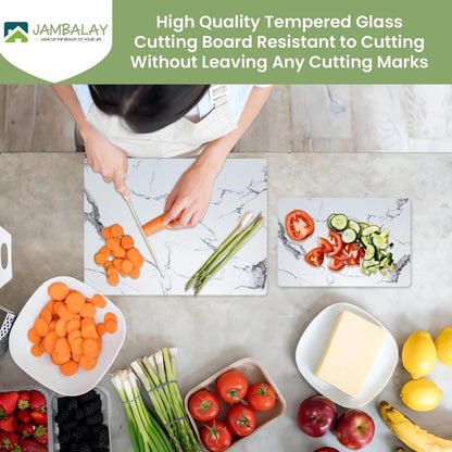 JAMBALAY Tempered Glass Cutting Boards for Kitchen, Gold 12"x8" & 16"x12" Glass Cutting Board Set with Marble Design, With Non Slip Foot, Shatter and Heat Resistant, Dishwasher Safe