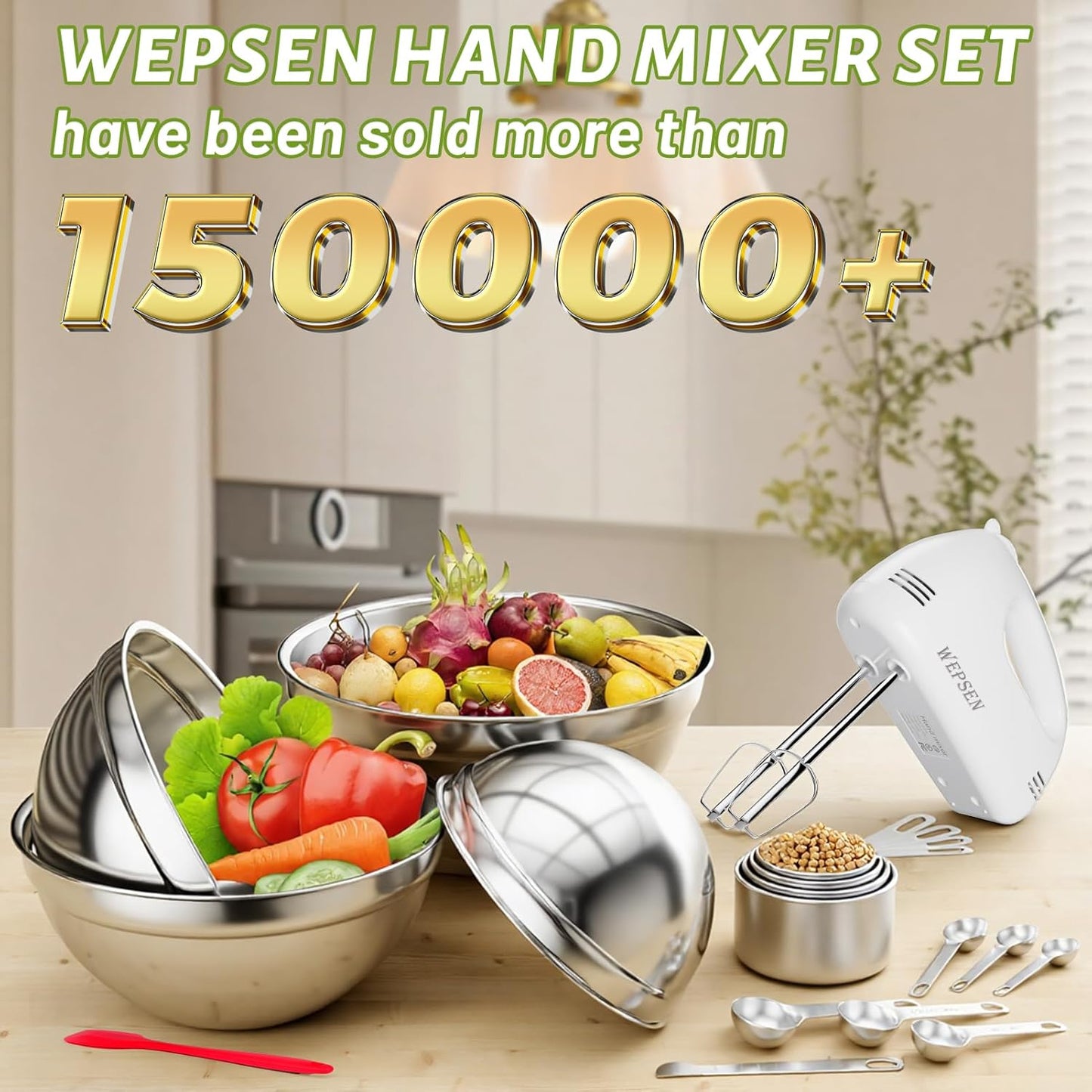 WEPSEN Mixing Bowls Set, 25PCS Stainless Steel Mixing Bowl with Lid Set, Large Nesting Bowls 7, 4.5, 3,2, 1.5QT, Measuring Cups and Spoons Baking Utensils Metal Bowl for Kitchen Prep