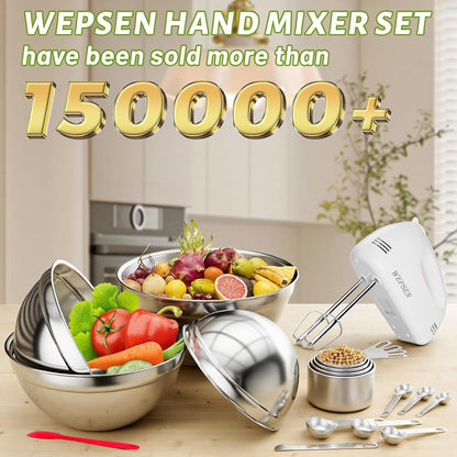 WEPSEN Mixing Bowls Set, 25PCS Stainless Steel Mixing Bowl with Lid Set, Large Nesting Bowls 7, 4.5, 3,2, 1.5QT, Measuring Cups and Spoons Baking Utensils Metal Bowl for Kitchen Prep