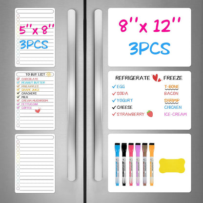 6 Pack Magnetic Dry Erase Board, 3 Pack 8'' x 12'' & 3 Pack 5'' x 8'' Magnetic Whiteboard for Fridge, Magnetism Notepad for Fridge with 6 Markers, 1 Eraser