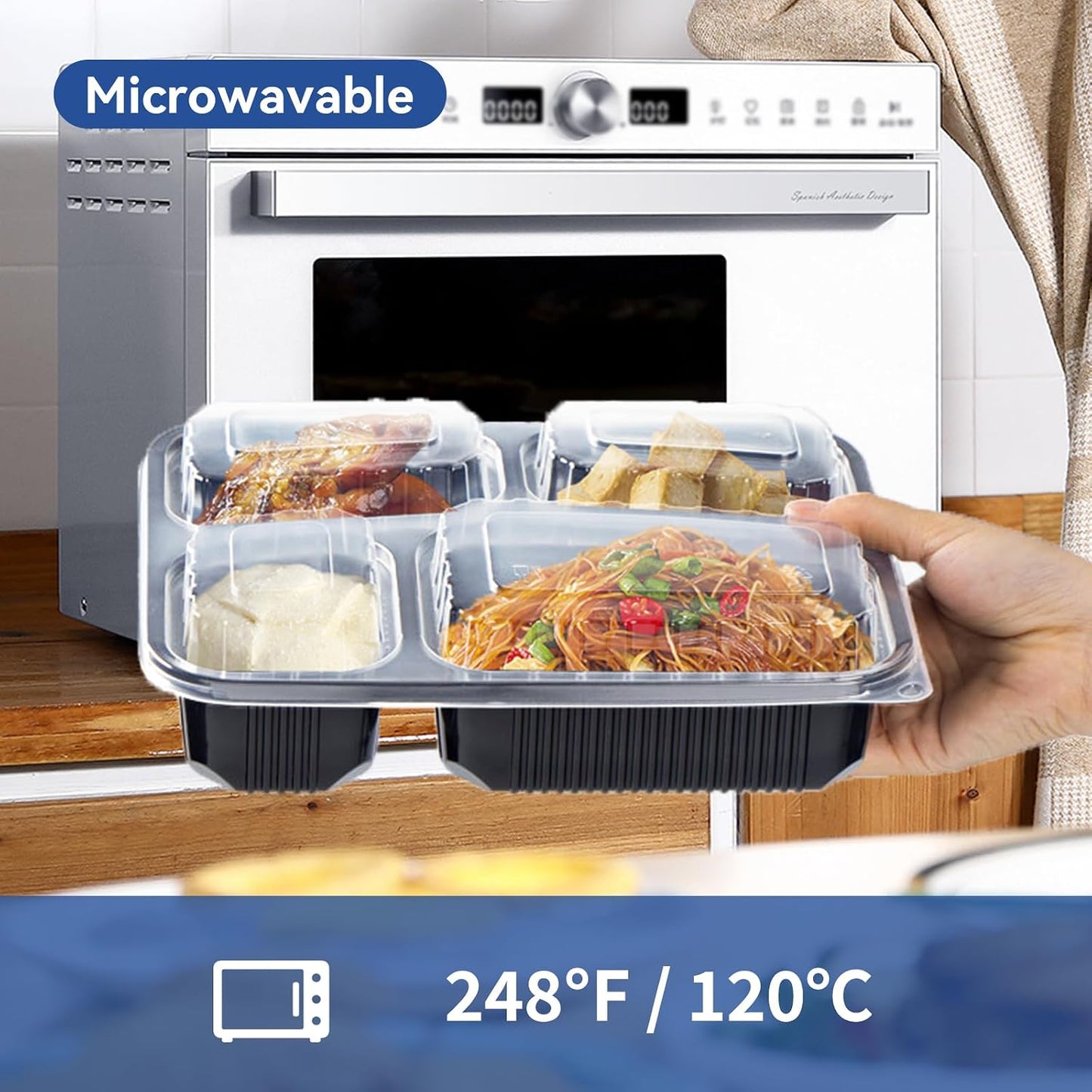 Take Out Containers 38 oz 40 Pack - Shrink Wrapped 3 Compartment Leakproof Catering | BPA Free PP Plastic Microwave & Freezer Safe | Flexible Reusable Commercial Black Lunch Boxes with Lid