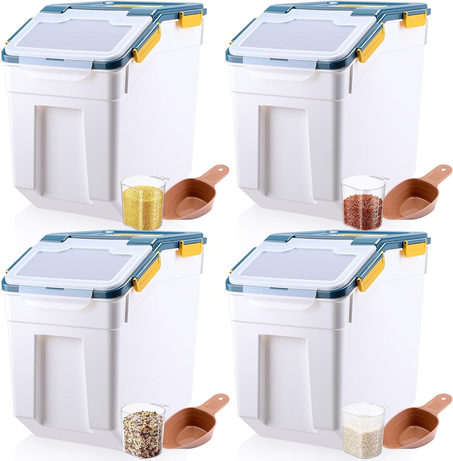 Umigy 4 Pcs 55lbs Large Dog Food Storage Container Rice Flour Bin Plastic Boxes with Measuring Cup Airtight Flour Grain Cereal Sugar Storage Container with Locking Lid and Wheels