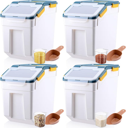 Umigy 4 Pcs 55lbs Large Dog Food Storage Container Rice Flour Bin Plastic Boxes with Measuring Cup Airtight Flour Grain Cereal Sugar Storage Container with Locking Lid and Wheels