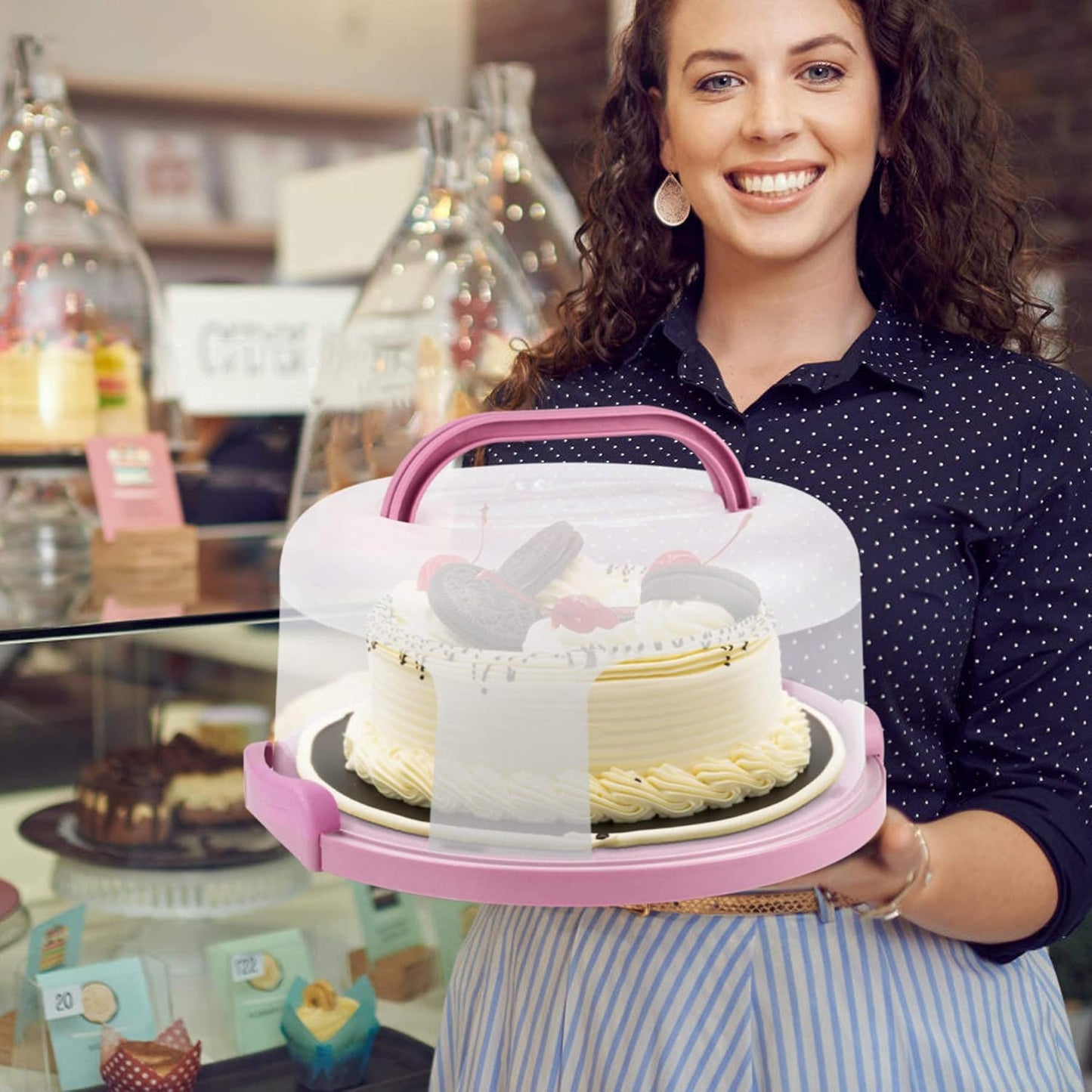 Zoofen Plastic Cake Carrier with Handle 10in Cake Holder Cake Stand with Lid Pink Cake Container for 10in Cake Round Cake Carrier for Transport