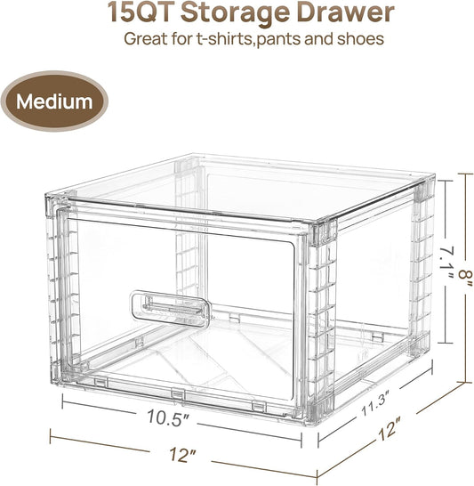 Vtopmart 2 Pack Clear Stackable Storage Drawers 15QT, Easily Assemble Closet Organizers,Plastic Storage Bins for Bathroom,Cabinet,Kitchen Pantry,Under Sink Organization(Medium)