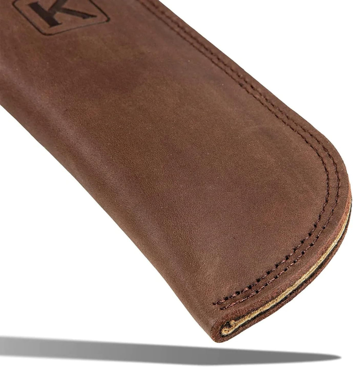 Knapp Made Bourbon Brown 5.5” Extra Thick Leather cast Iron Skillet Handle Covers - Pot Handle Covers, Double Layered Double Stitched, Slides On and Off Easily onto Metal Skillet Grips.