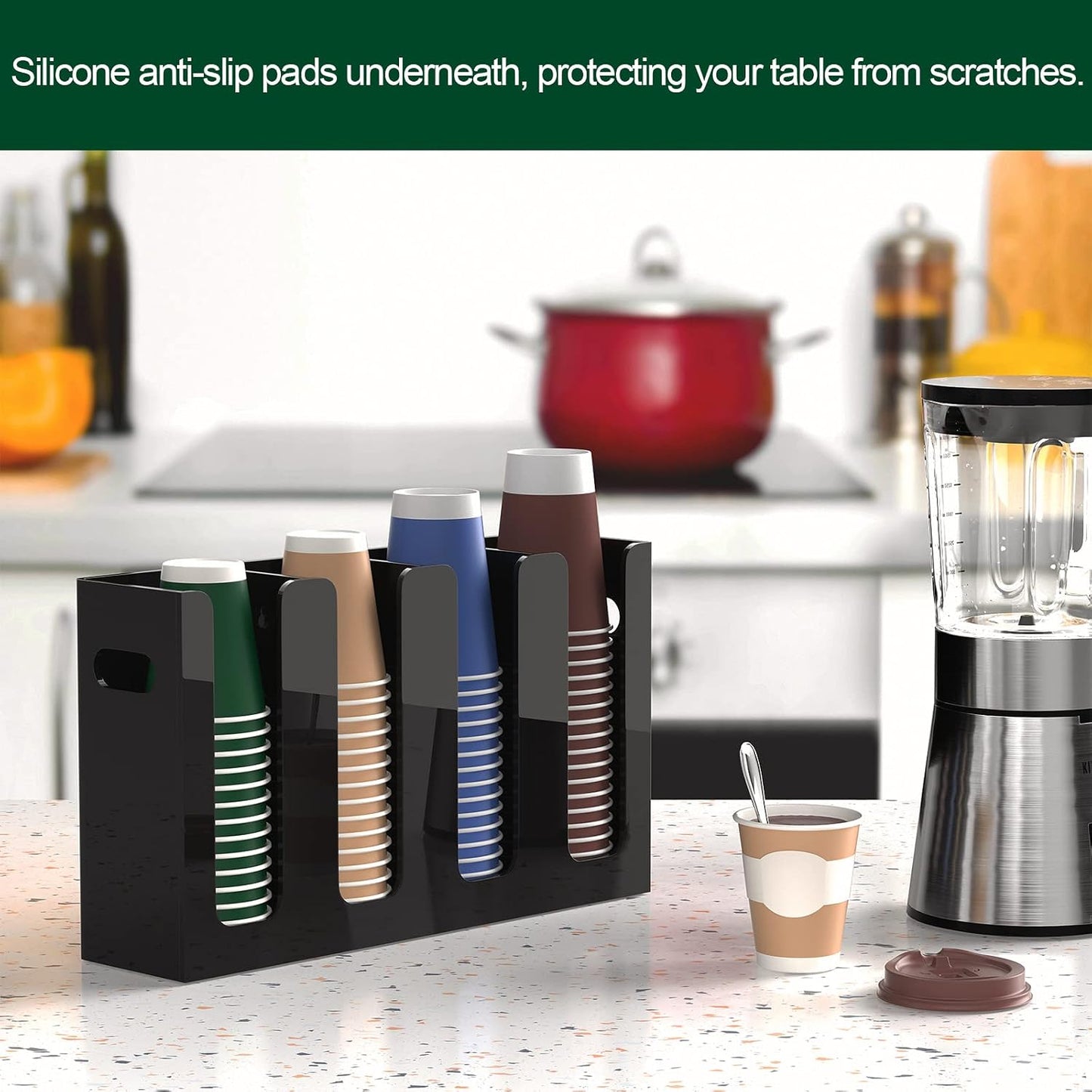 Disposable Coffee Cup Dispenser with Handles, Countertop or Wall Mount Hot/Cold Drink Cup and Lid Holder - Bathroom/Kitchen/Office Acrylic Cup Lid Storage Organizer (1 Compartment, Clear)