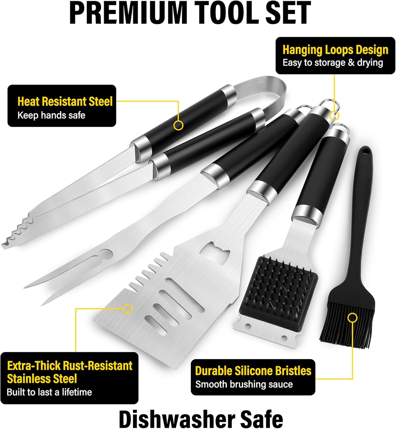Yekale BBQ Grill Accessories Set, Grill Tools Grilling Accessories Grilling Gifts for Men - Spatula, Fork, Brush, Tongs & Cleaning Brush - Outdoor Barbecue Utensils Gifts for Men Dad Him (Sliver)