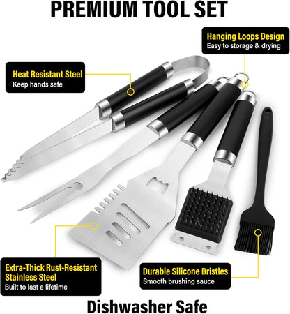 Yekale BBQ Grill Accessories Set, Grill Tools Grilling Accessories Grilling Gifts for Men - Spatula, Fork, Brush, Tongs & Cleaning Brush - Outdoor Barbecue Utensils Gifts for Men Dad Him (Sliver)