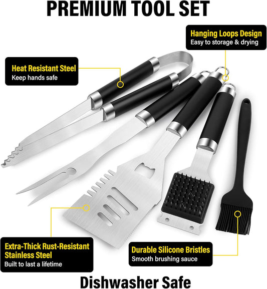 Yekale BBQ Grill Accessories Set, Grill Tools Grilling Accessories Grilling Gifts for Men - Spatula, Fork, Brush, Tongs & Cleaning Brush - Outdoor Barbecue Utensils Gifts for Men Dad Him (Sliver)