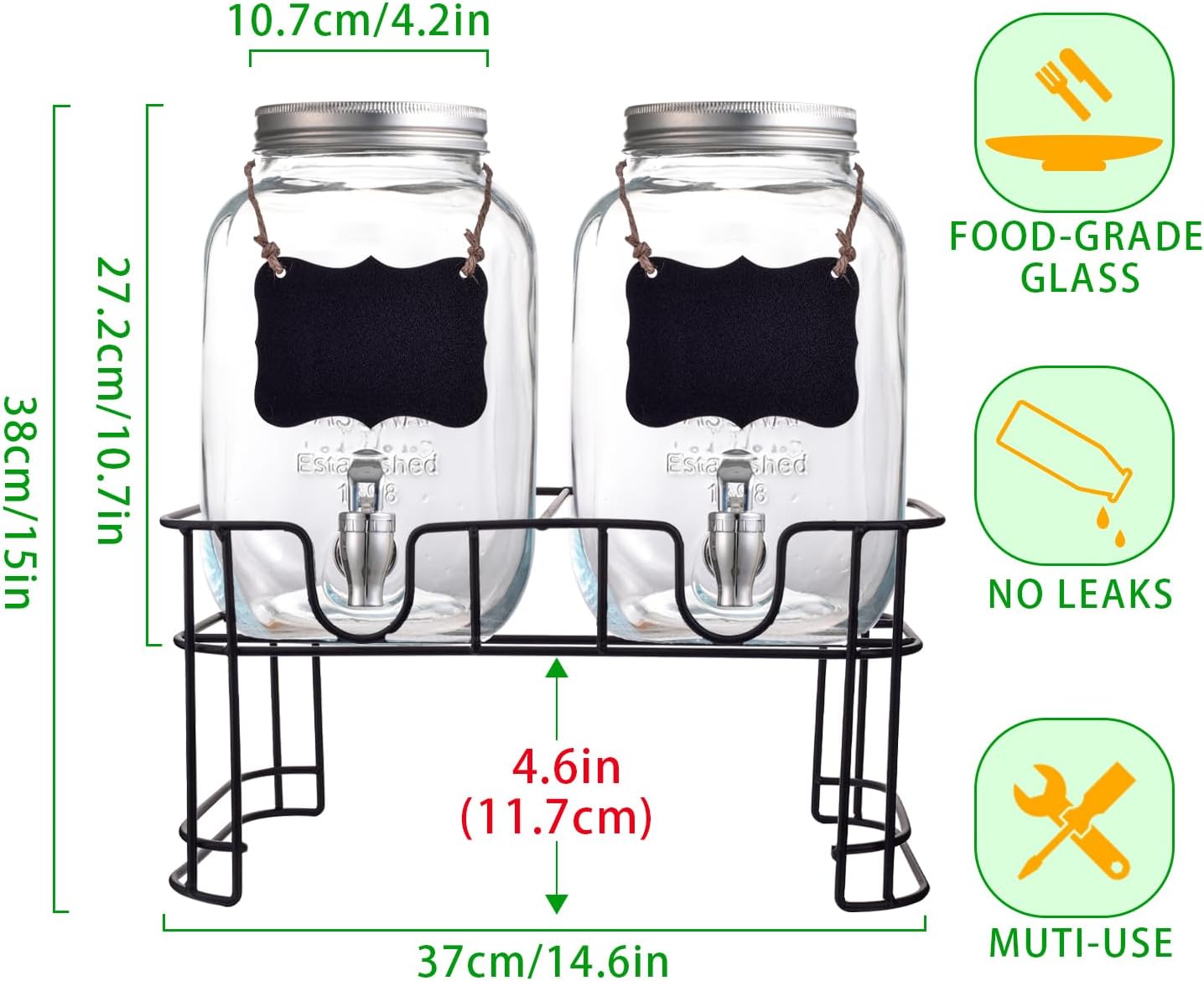 1 Gallon Drink Dispenser with Stand,2 Pack Beverage Dispenser with Stand,Glass Water Juice Dispensers Punch Bowl for Parties