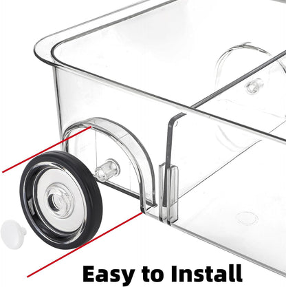 2 Pack Refrigerator Organizer Bin with Wheels, Roll Out Pantry Storage with Dividers, Clear Plastic Refrigerator Drawer, Upgrade Thick Fridge Caddy for Under Sink, Kitchen Organization