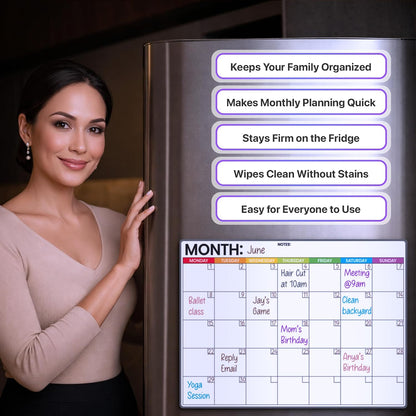 Fridge Calendar Acrylic 17x12”, Start Monday | Magnetic Calendar for Refrigerator | Acrylic Dry Erase Whiteboard Calendar for Fridge | Family Schedule Board with 5 Markers & Eraser by Freedom Mastery