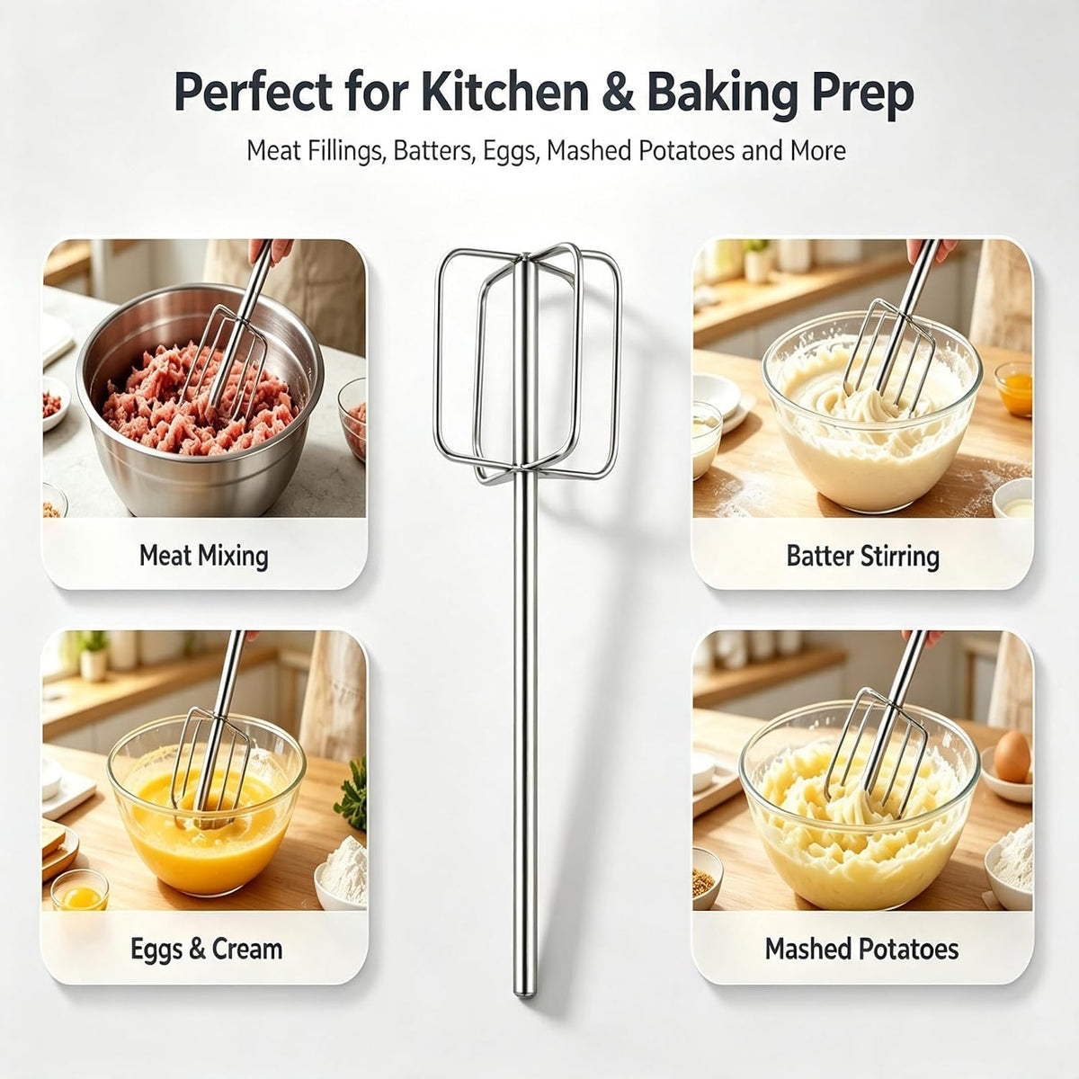MAGICLULU Drill Mixer Attachment, 15.7 Inch Heavy Duty 304 Stainless Steel Hand Mixer Beaters with 1/4 Hex Shaft, Food Grade Drill Stirrer for Meat Filling, Dough, Mashed Potatoes, Batter, Eggs, Cream